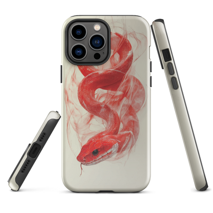 Phone case with red snake design on a cream background, coiled in smoky detail. Bold artwork by NZ designer Ben Hart.