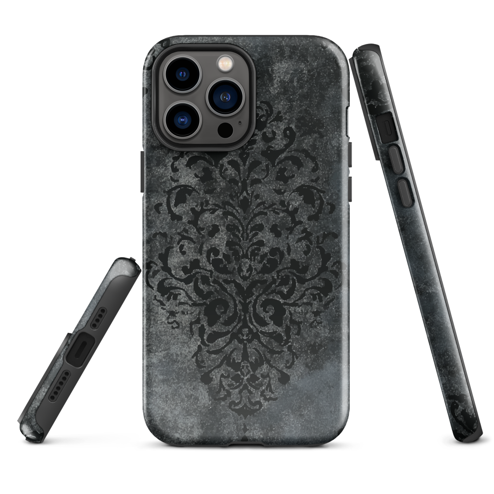Dark damask patterned phone case with a vintage gothic aesthetic and textured stone background.