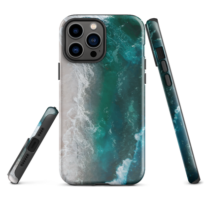 Ocean wave phone case with abstract beach design in teal and white, by NZ artist Ben Hart.