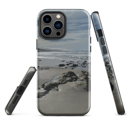 Phone case with artwork of Riversdale Beach, Masterton – rocks, waves and sky by NZ artist Ben Hart.