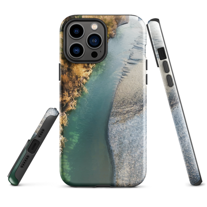 Phone case with aerial riverbend artwork and earthy tones, designed by New Zealand artist Ben Hart.