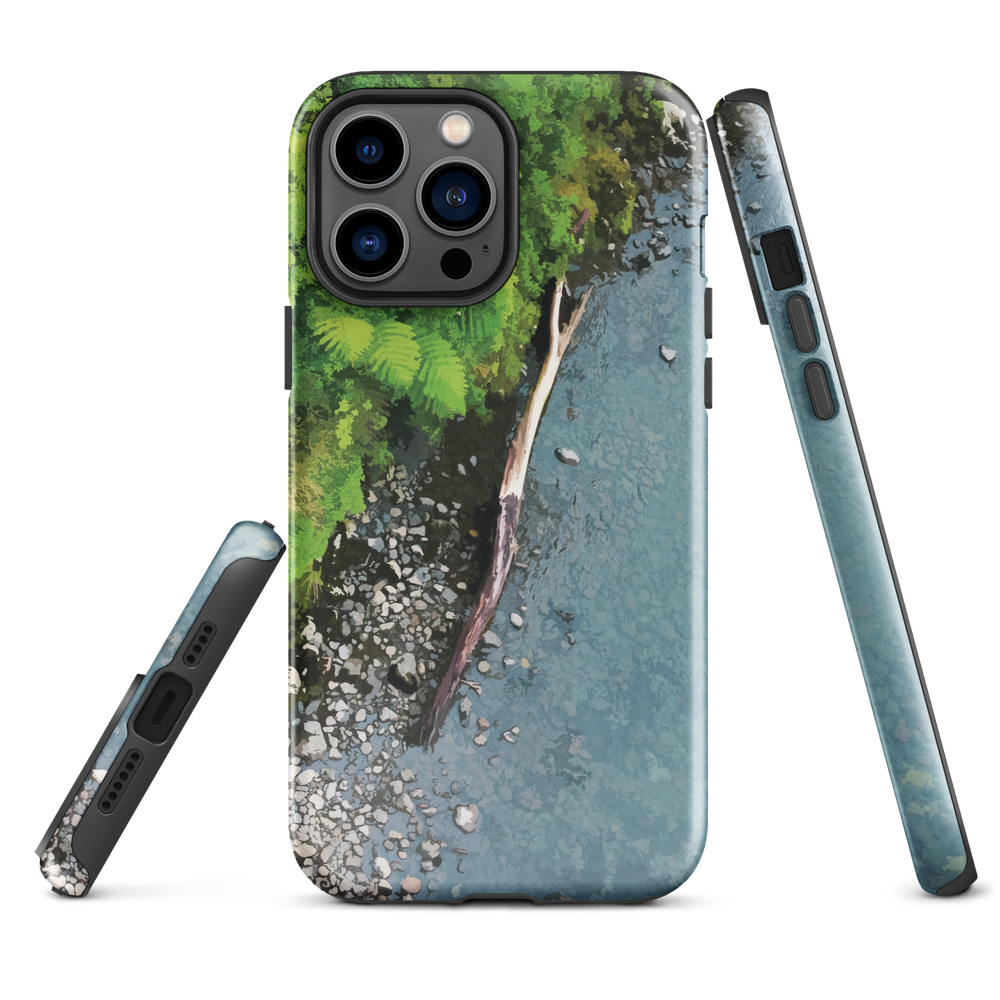 Resting Place phone case with aerial artwork of river rocks, green bush, and driftwood in a New Zealand stream.