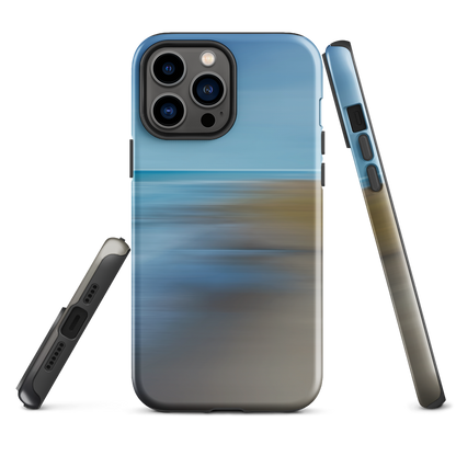 Ocean Breeze phone case with abstract blue and sandy tones inspired by sea and sky.