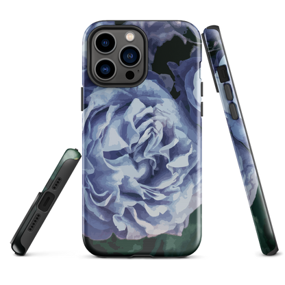 Designer phone case with a bold blue rose artwork and glossy finish.
