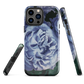 Designer phone case with a bold blue rose artwork and glossy finish.