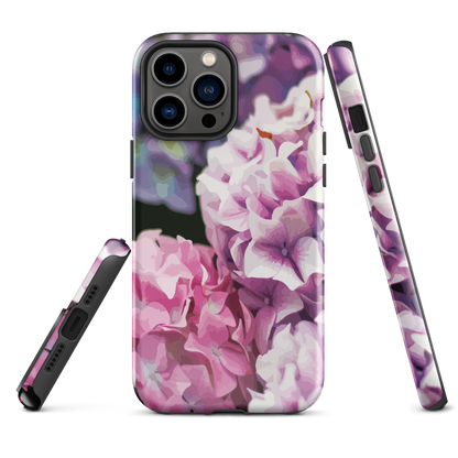Designer phone case with pink and purple hydrangea floral artwork.