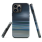Dark abstract phone case with blue and grey streaks and glossy finish.