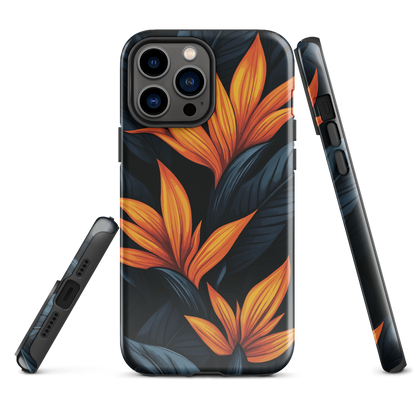 Phone case with bold orange bird of paradise flowers on dark background.