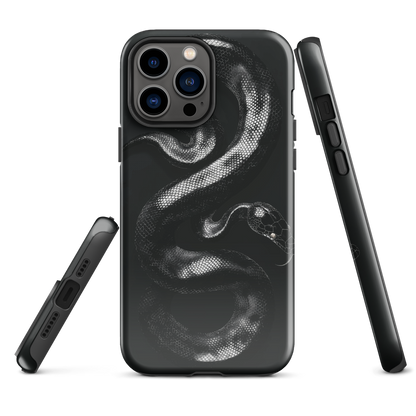 Phone case with detailed black python design on dark background.