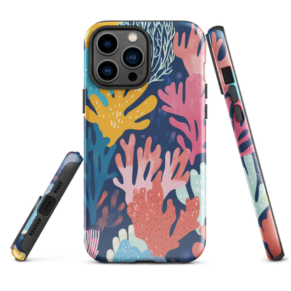 Colourful coral reef phone case design in pink, blue and yellow by NZ artist Ben Hart