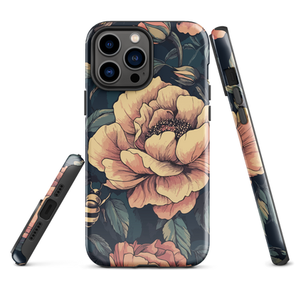 Phone case with vintage-style pink roses and bees on dark background, floral New Zealand artwork.