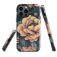Phone case with vintage-style pink roses and bees on dark background, floral New Zealand artwork.