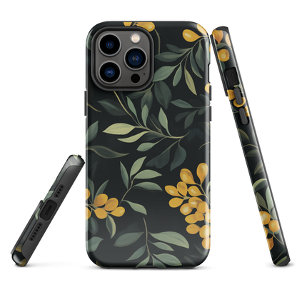 NZ Kowhai phone case with native yellow floral and green leaves on black background by designer Ben Hart.