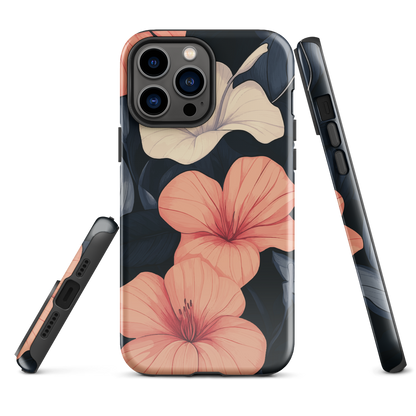 Phone case with coral hibiscus flowers and ivory blooms on dark background