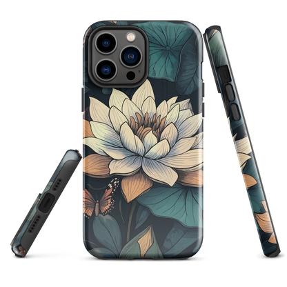 Phone case with ivory water lily, green leaves, and butterfly accents on dark background