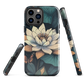 Phone case with ivory water lily, green leaves, and butterfly accents on dark background