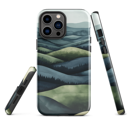 Phone case with layered mountain and forest landscape in blue and green hues