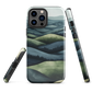 Phone case with layered mountain and forest landscape in blue and green hues
