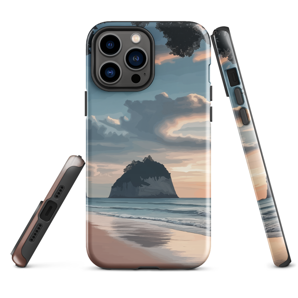 Phone case with Cathedral Cove beach and sunset scene, featuring soft skies and sea stack