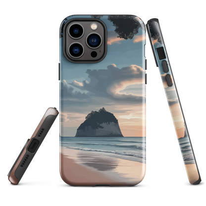 Phone case with Cathedral Cove beach and sunset scene, featuring soft skies and sea stack