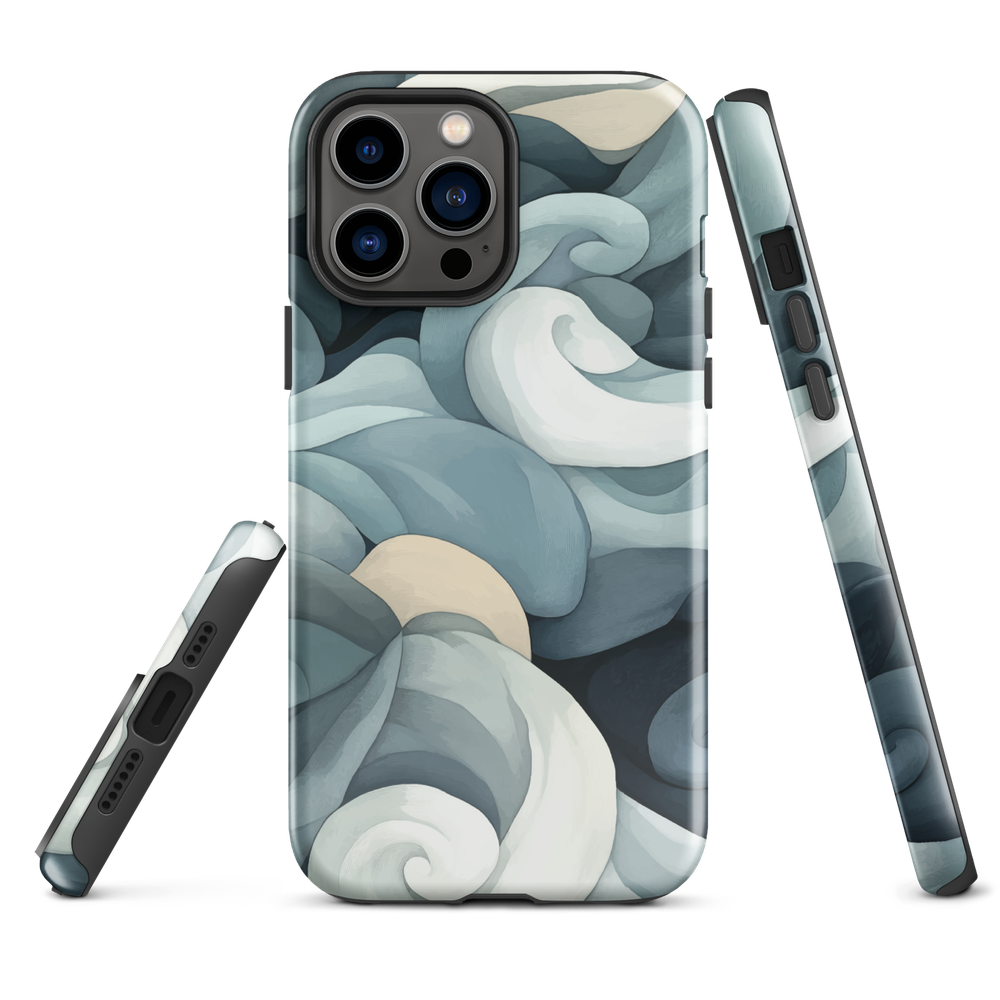 Phone case with abstract swirling ocean waves in blue and cream