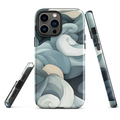 Phone case with abstract swirling ocean waves in blue and cream