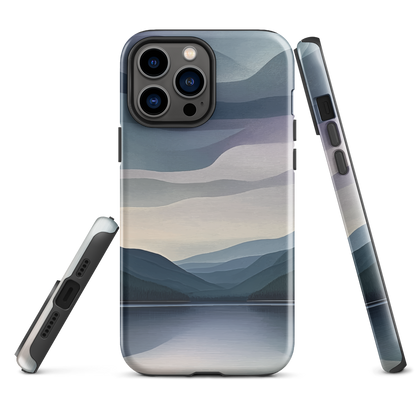 Phone case with moody blue and purple layered mountain and lake landscape artwork
