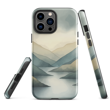 Phone case with soft mountain and valley design in misty green, blue, and golden tones