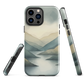 Phone case with soft mountain and valley design in misty green, blue, and golden tones