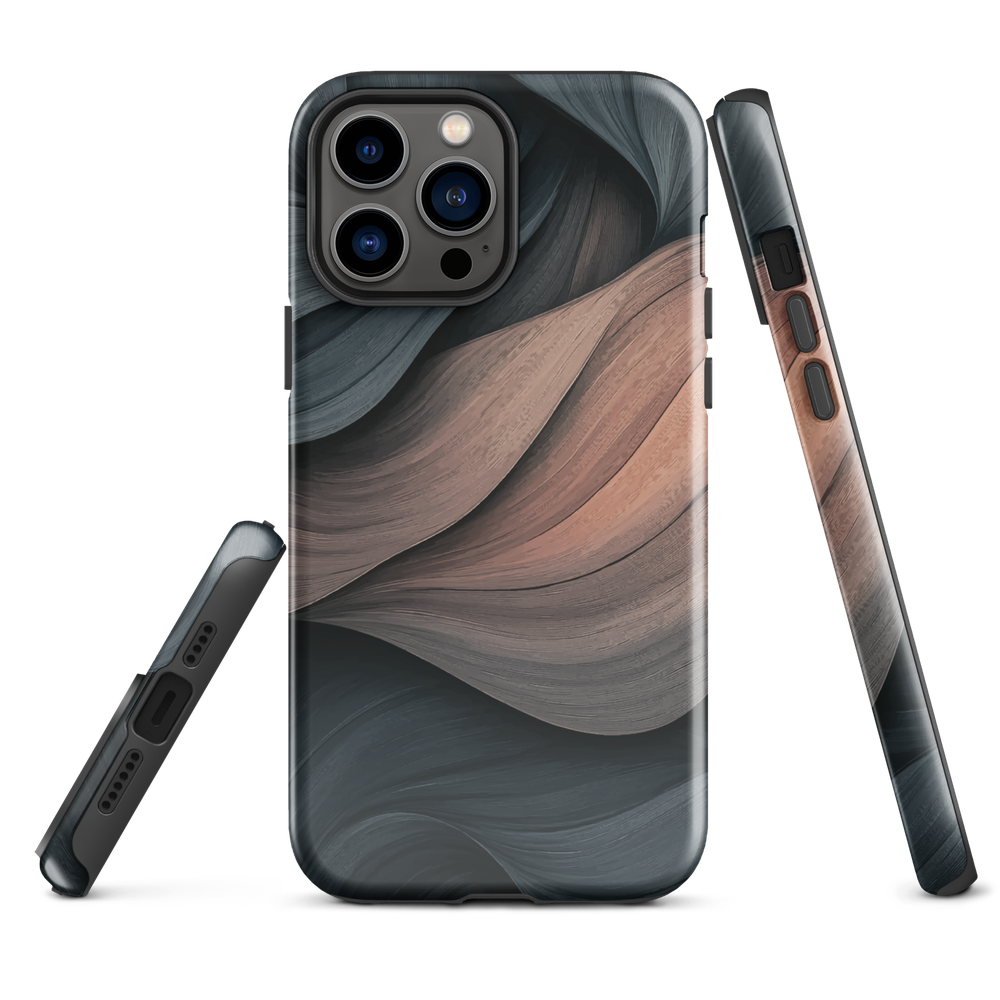 Phone case with flowing abstract design in black, copper and charcoal tones, inspired by dusk shadows