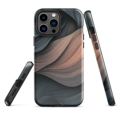 Phone case with flowing abstract design in black, copper and charcoal tones, inspired by dusk shadows