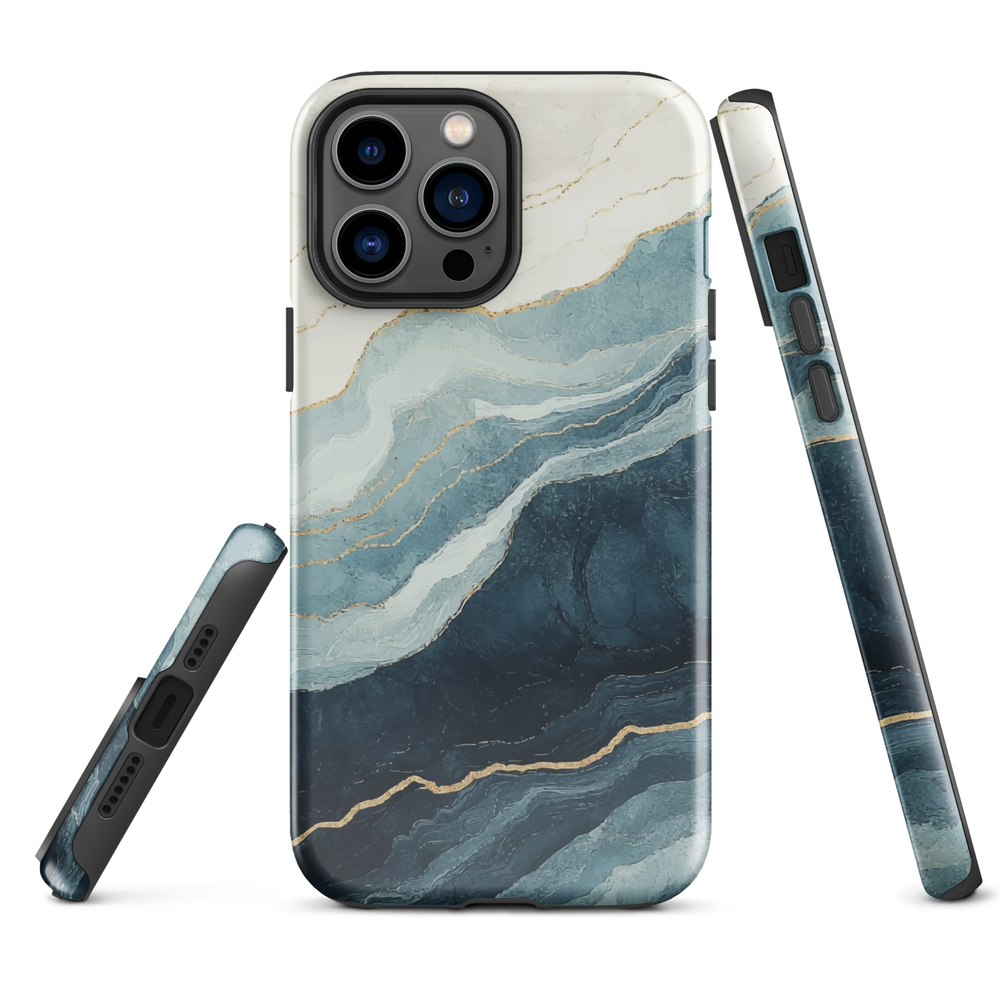 An elegant abstract phone case inspired by layered coastal forms in blue and teal tones.