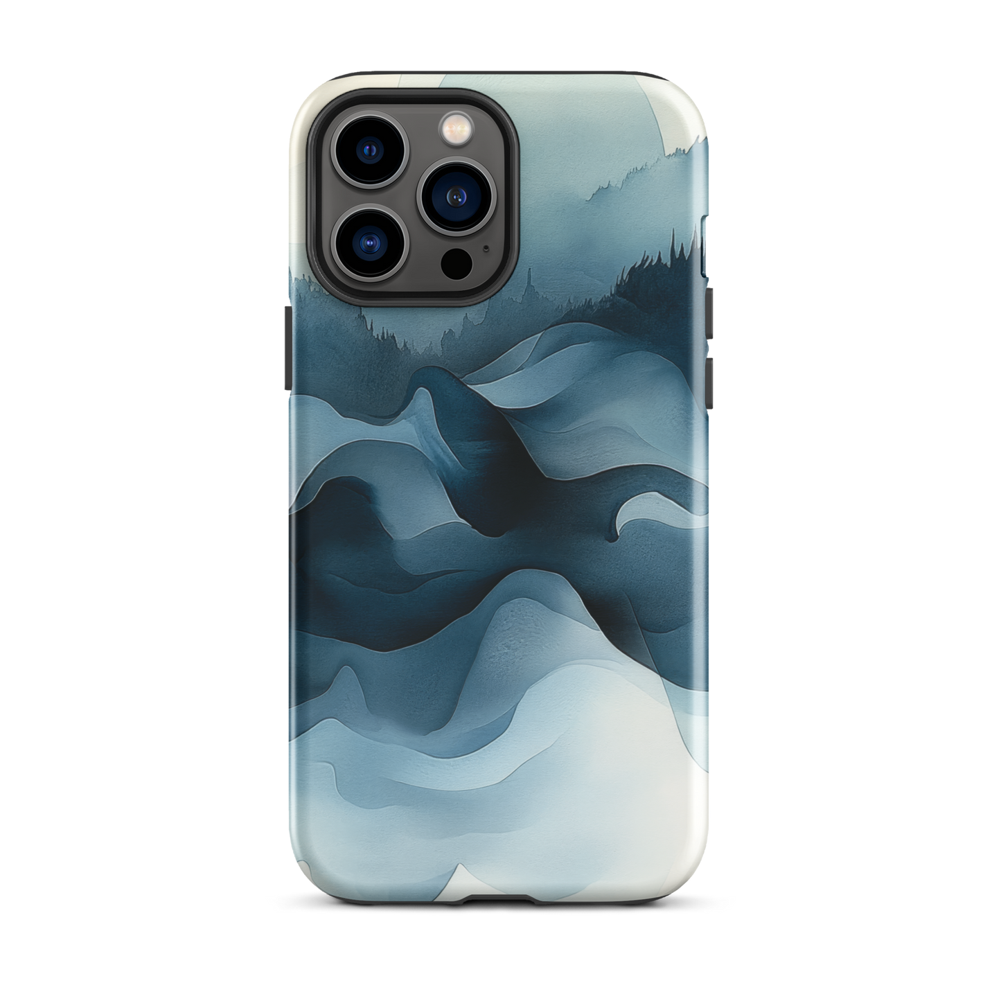 A calming abstract landscape protective phone case inspired by quiet valleys and soft blue tones.