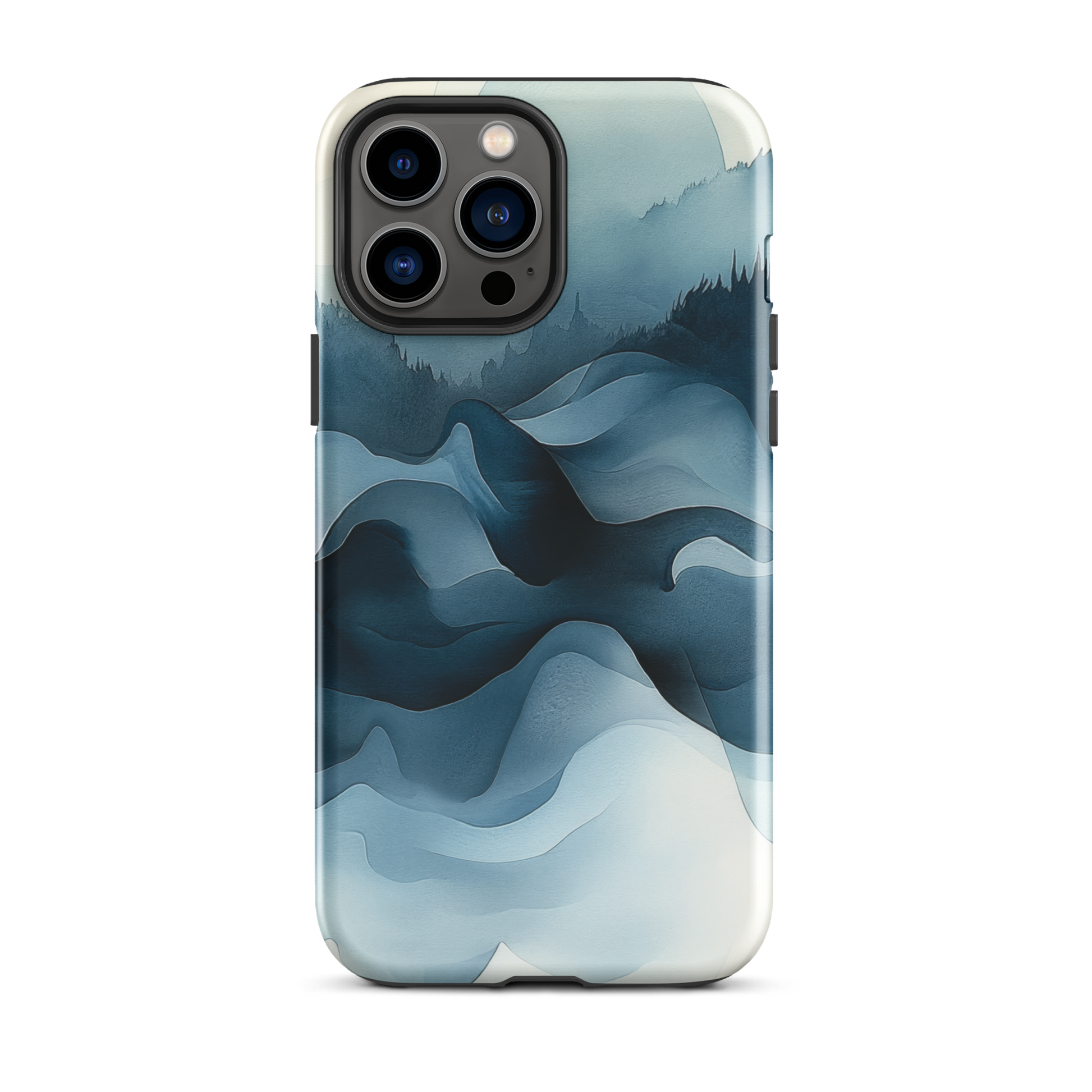 A calming abstract landscape protective phone case inspired by quiet valleys and soft blue tones.