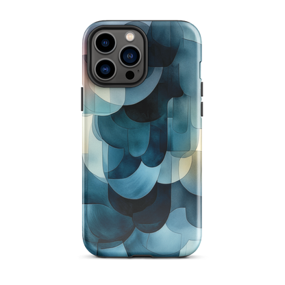 A modern abstract phone case featuring layered blue forms and soft flowing shapes.
