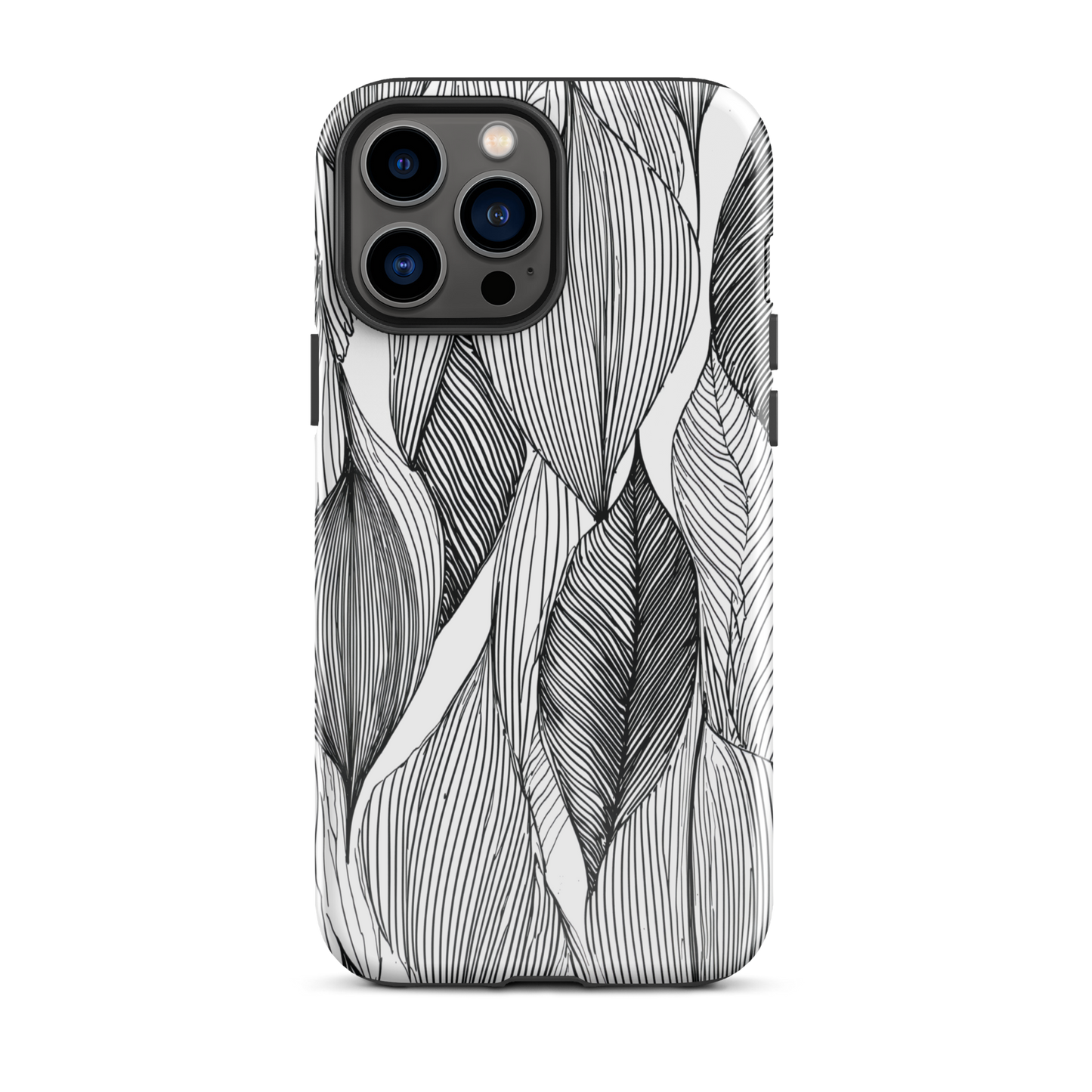 A minimalist phone case featuring fine black botanical linework in a repeating leaf pattern.