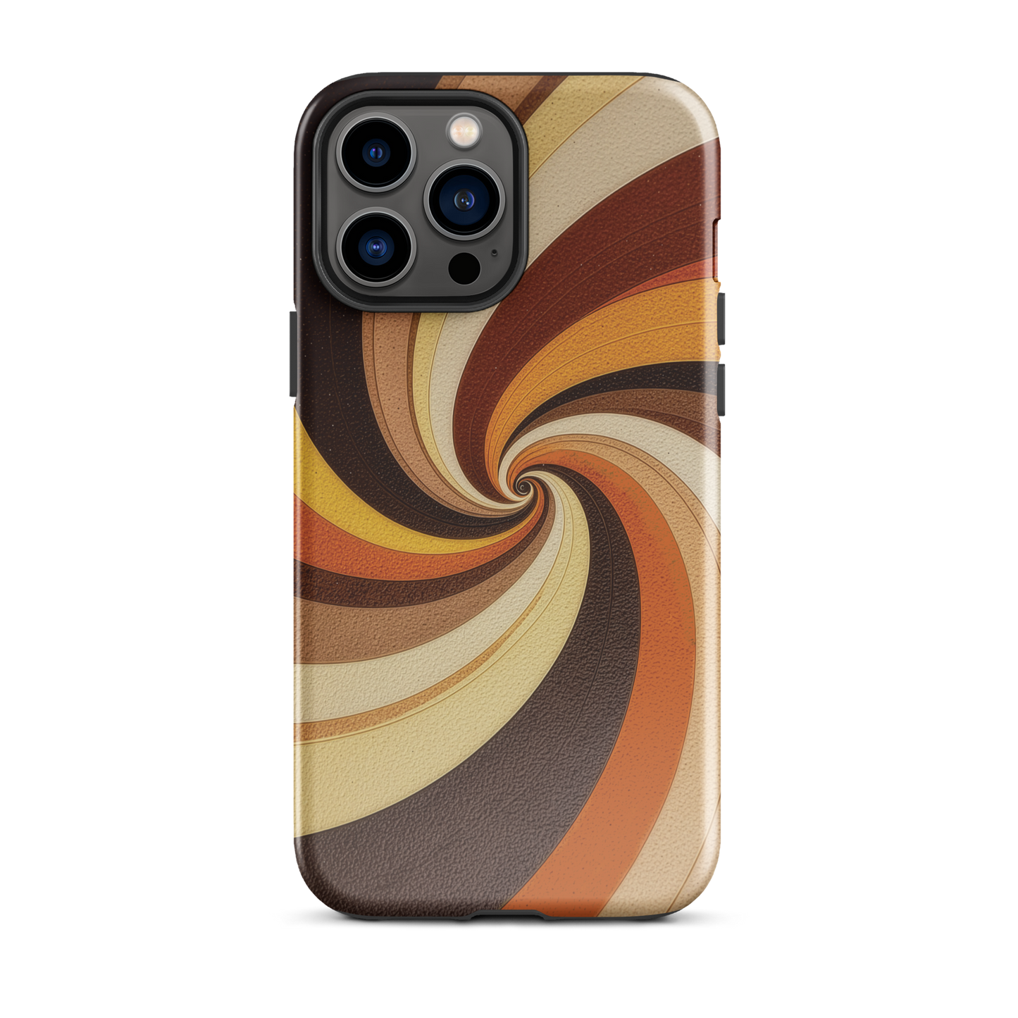 A retro-inspired phone case featuring warm swirling patterns in orange, yellow, and brown tones.