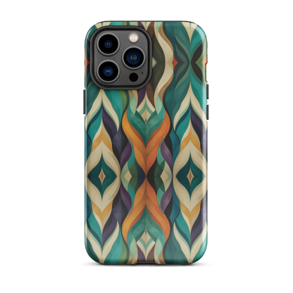A bold geometric phone case featuring layered shapes in rich, earthy tones.