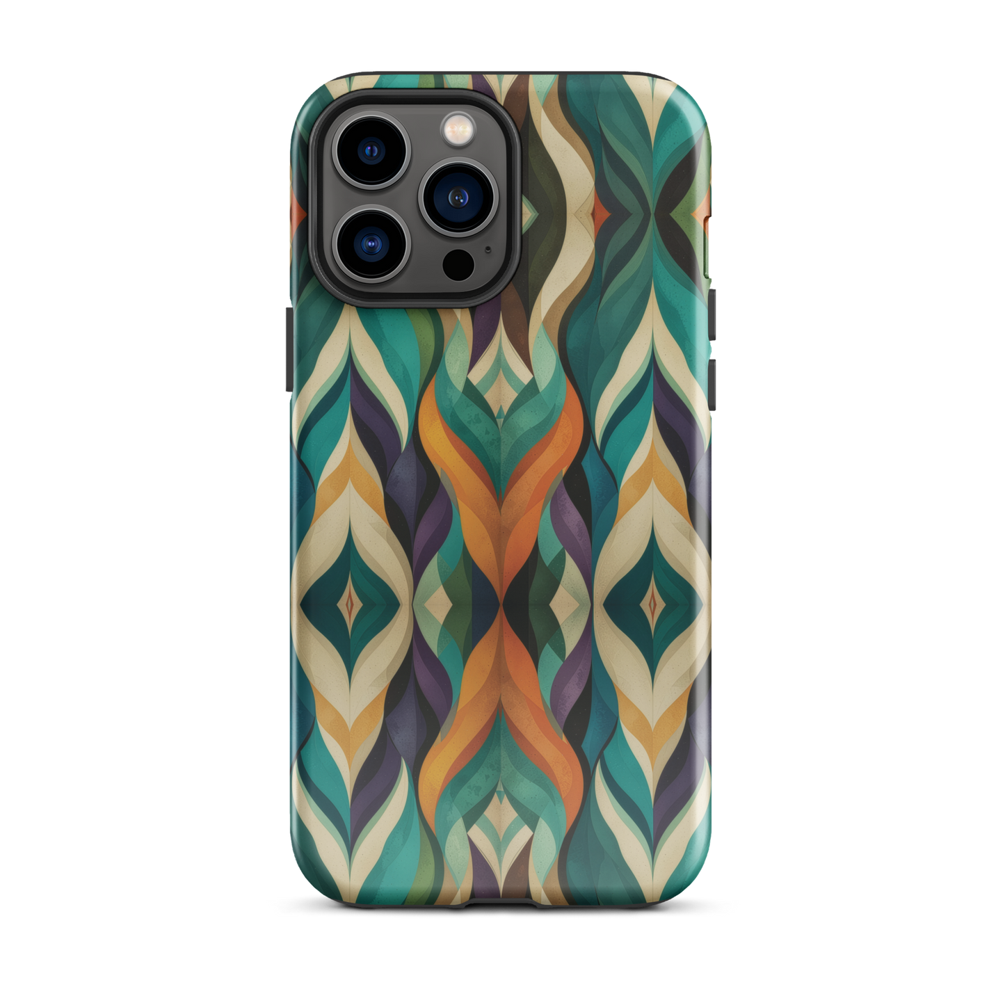 A bold geometric phone case featuring layered shapes in rich, earthy tones.