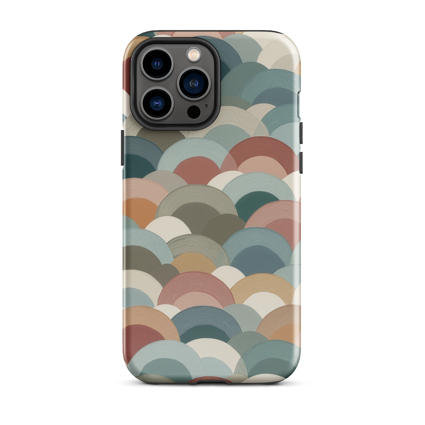 A soft retro-inspired phone case featuring layered arc shapes in warm, earthy tones.