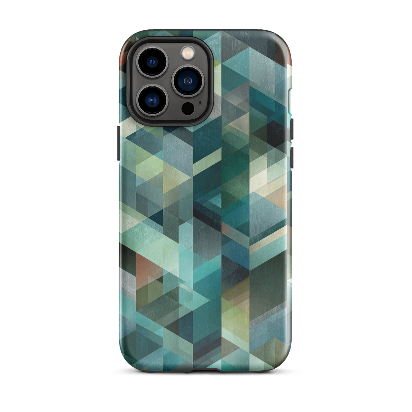 Modern abstract geometric phone case in teal and blue tones with layered retro-inspired shapes.