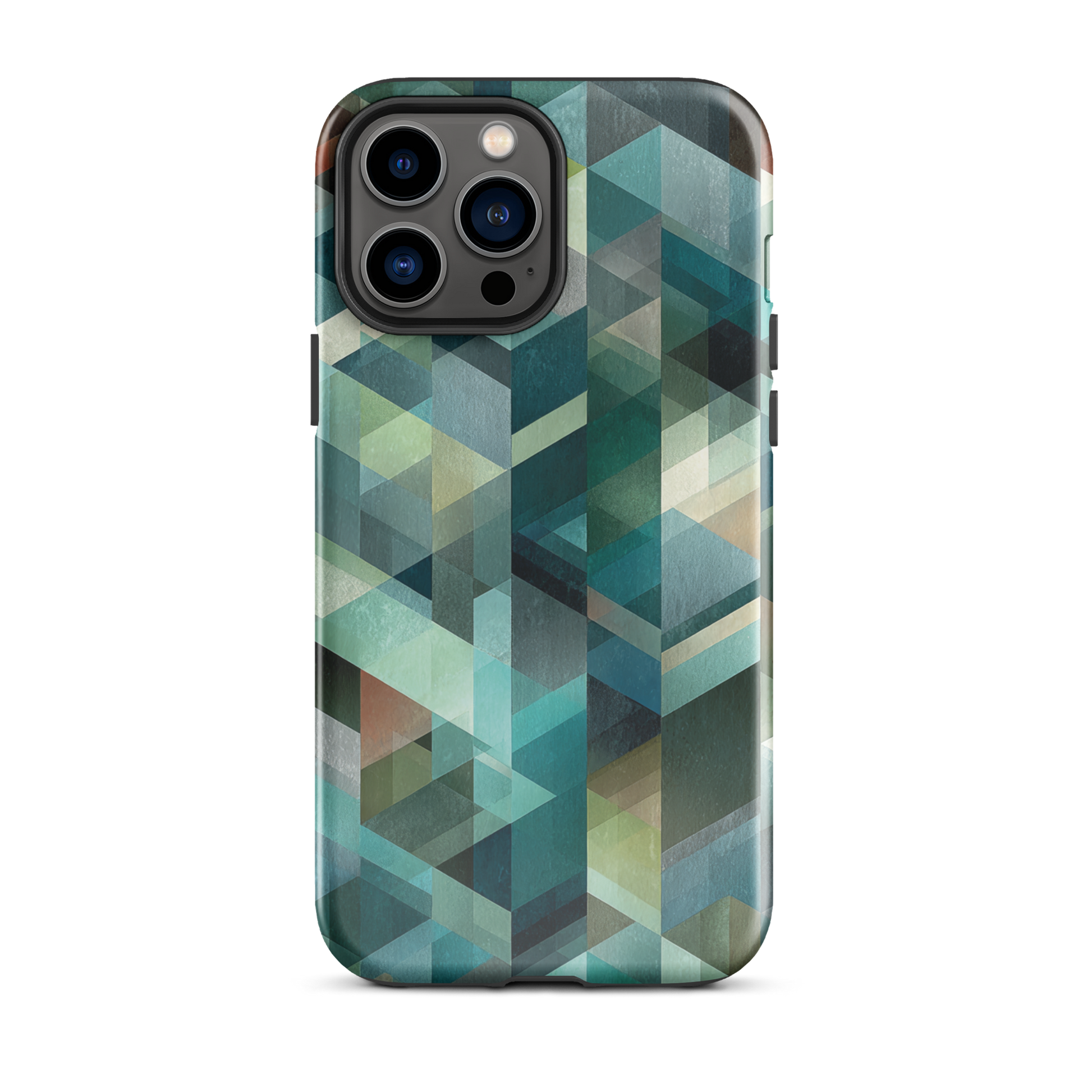 Modern abstract geometric phone case in teal and blue tones with layered retro-inspired shapes.