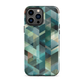 Modern abstract geometric phone case in teal and blue tones with layered retro-inspired shapes.