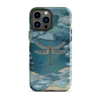 Nature-inspired phone case featuring a dragonfly over calm water with blue and green forest tones.
