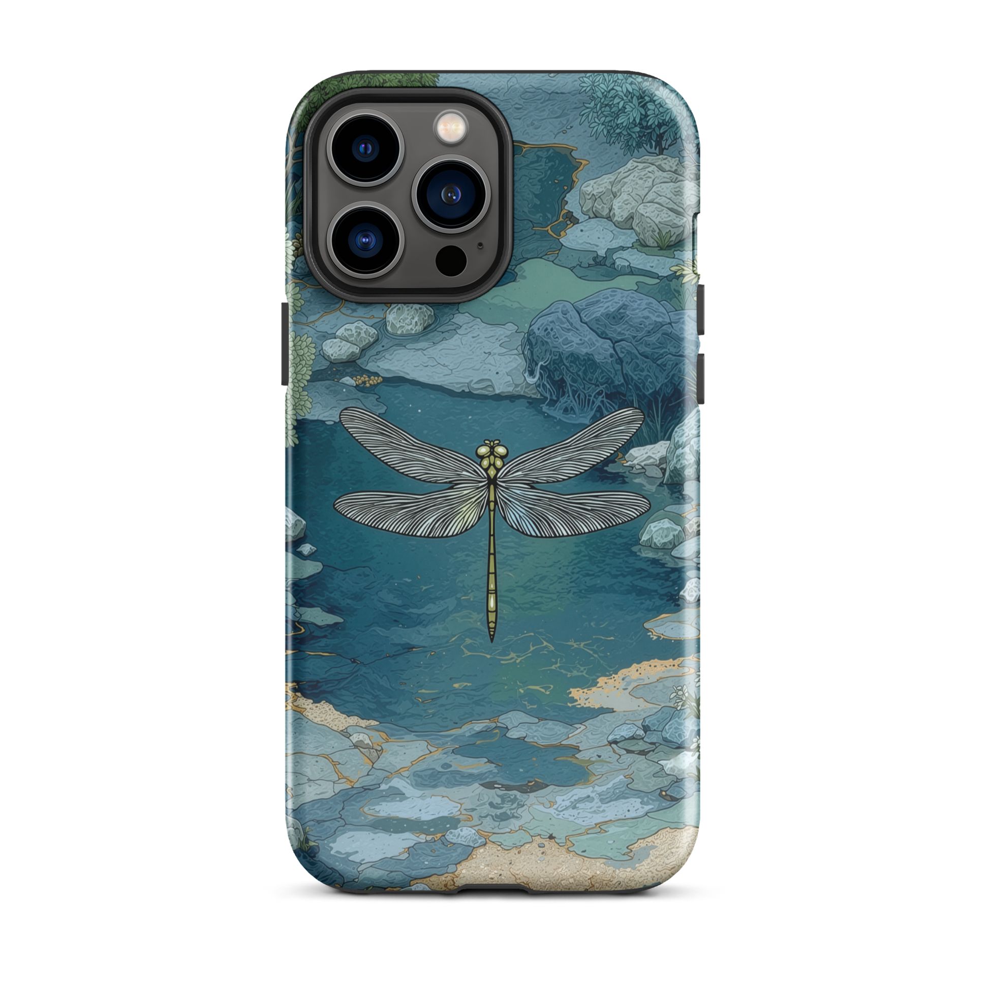 Nature-inspired phone case featuring a dragonfly over calm water with blue and green forest tones.