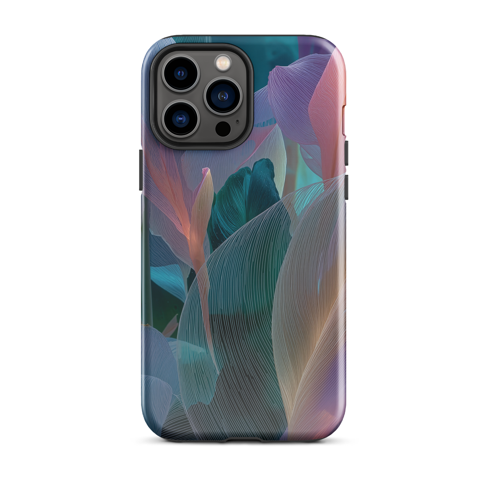 Abstract pastel botanical designer phone case in pink, lilac and teal tones with soft flowing floral textures