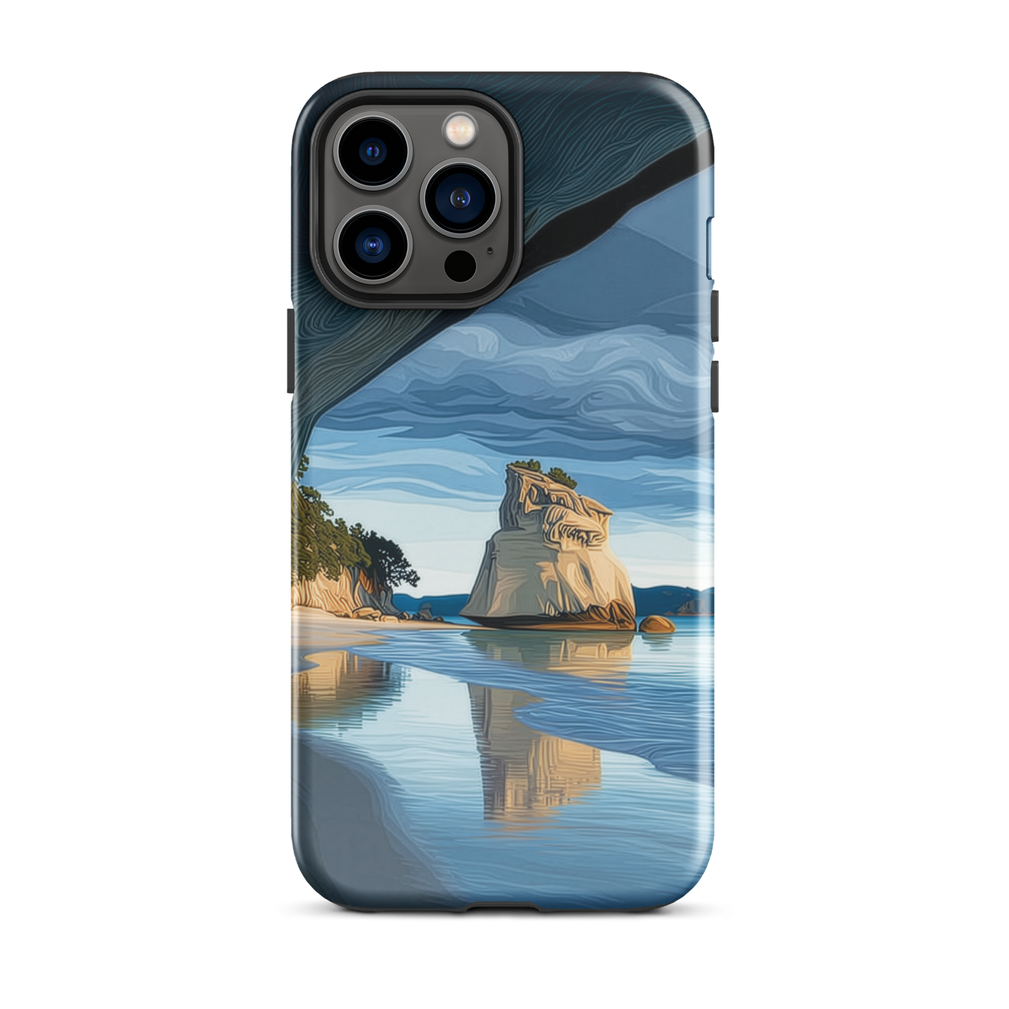 Artistic Cathedral Cove coastal designer phone case with arch rock, blue ocean and golden cliffs