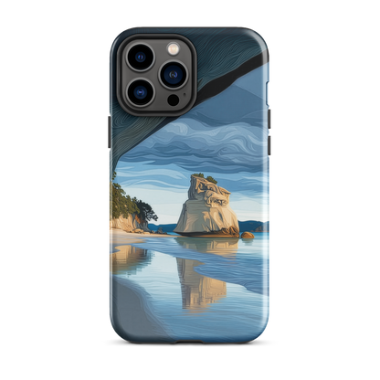 Artistic Cathedral Cove coastal designer phone case with arch rock, blue ocean and golden cliffs