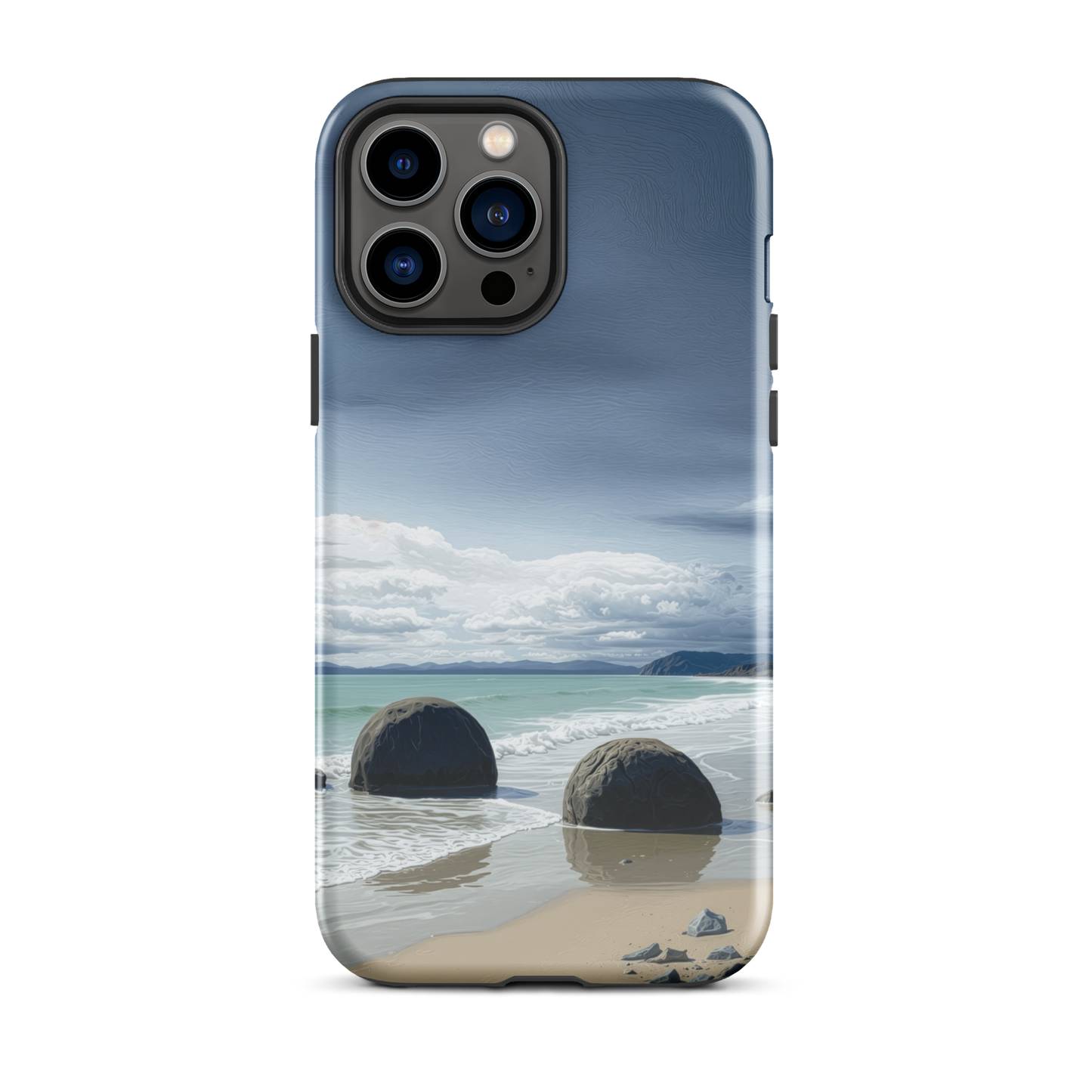Moeraki Boulders coastal designer phone case with ocean waves and dramatic NZ sky