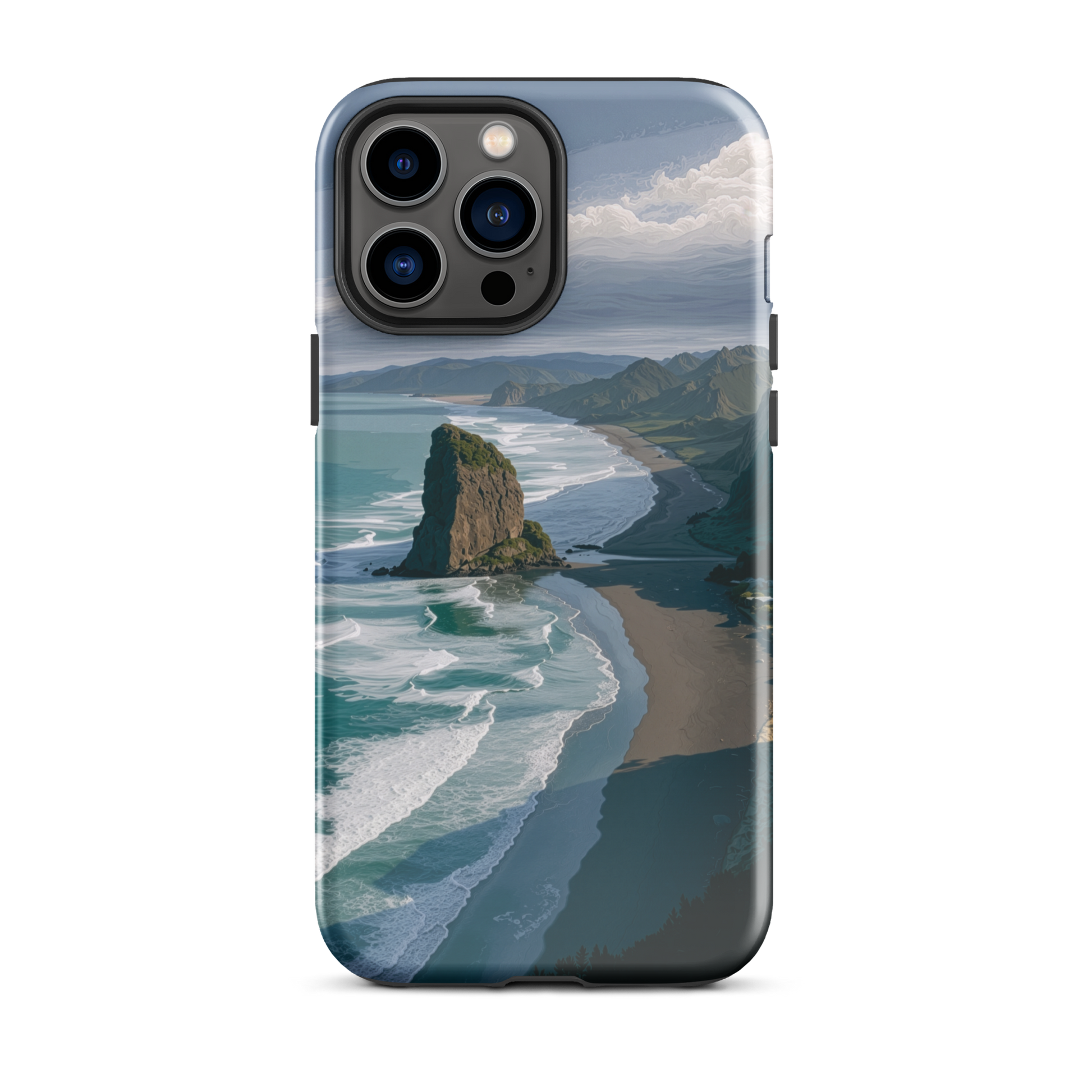 Piha Beach Lion Rock designer phone case with turquoise waves and dramatic NZ coastline